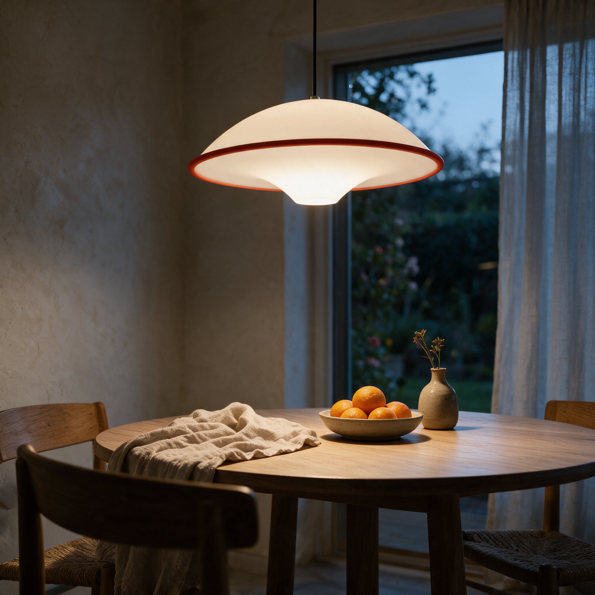 Wide cream saucer pendant with an orange-red underside rim lit above a round dining table at dusk.