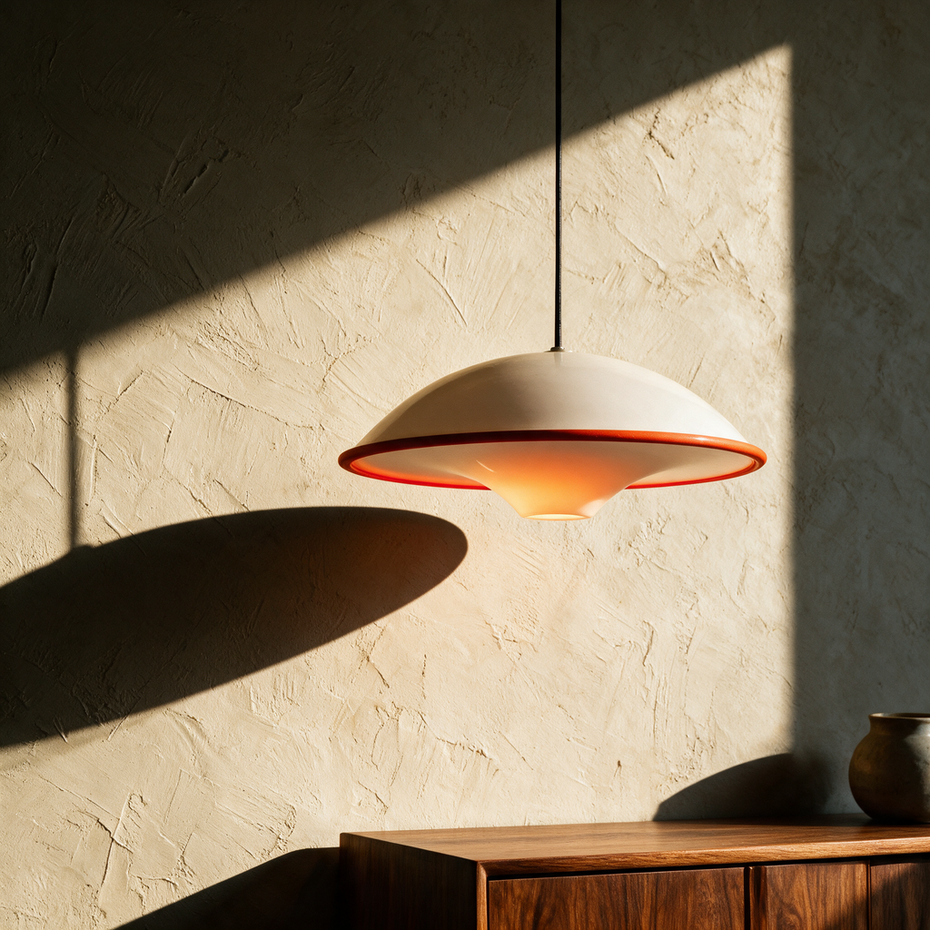 Unlit saucer pendant casting a long elliptical shadow across a textured plaster wall.