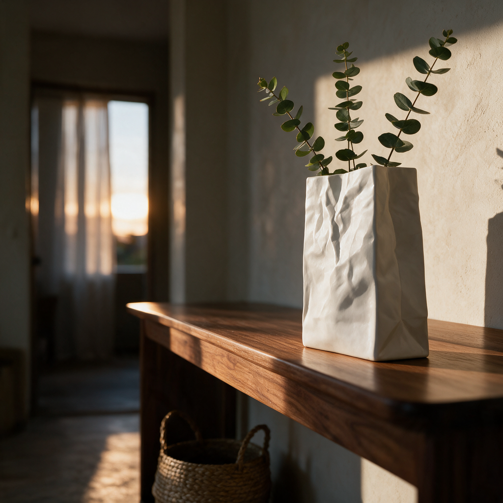 Low view of the vase with eucalyptus on a hallway console at golden hour