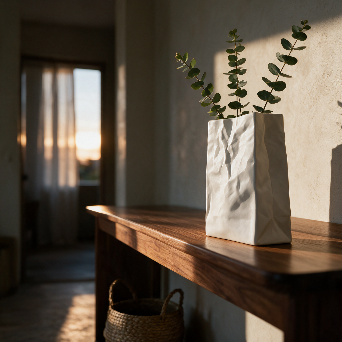 Low view of the vase with eucalyptus on a hallway console at golden hour