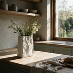 White ceramic paper bag vase with stems on a kitchen bench in morning light