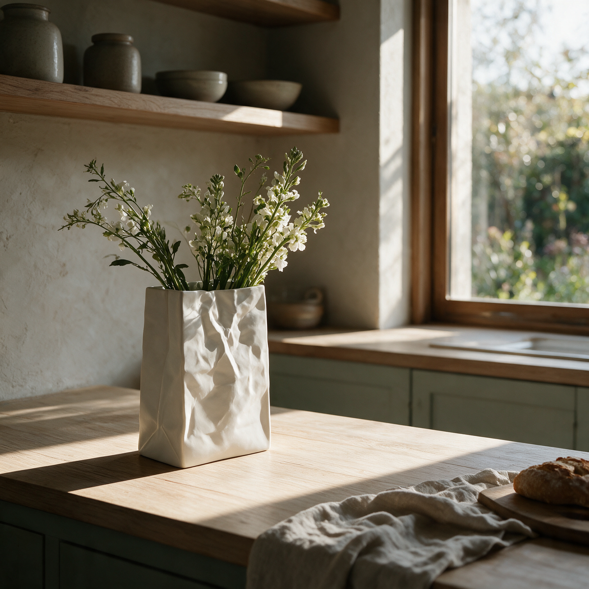 White ceramic paper bag vase with stems on a kitchen bench in morning light