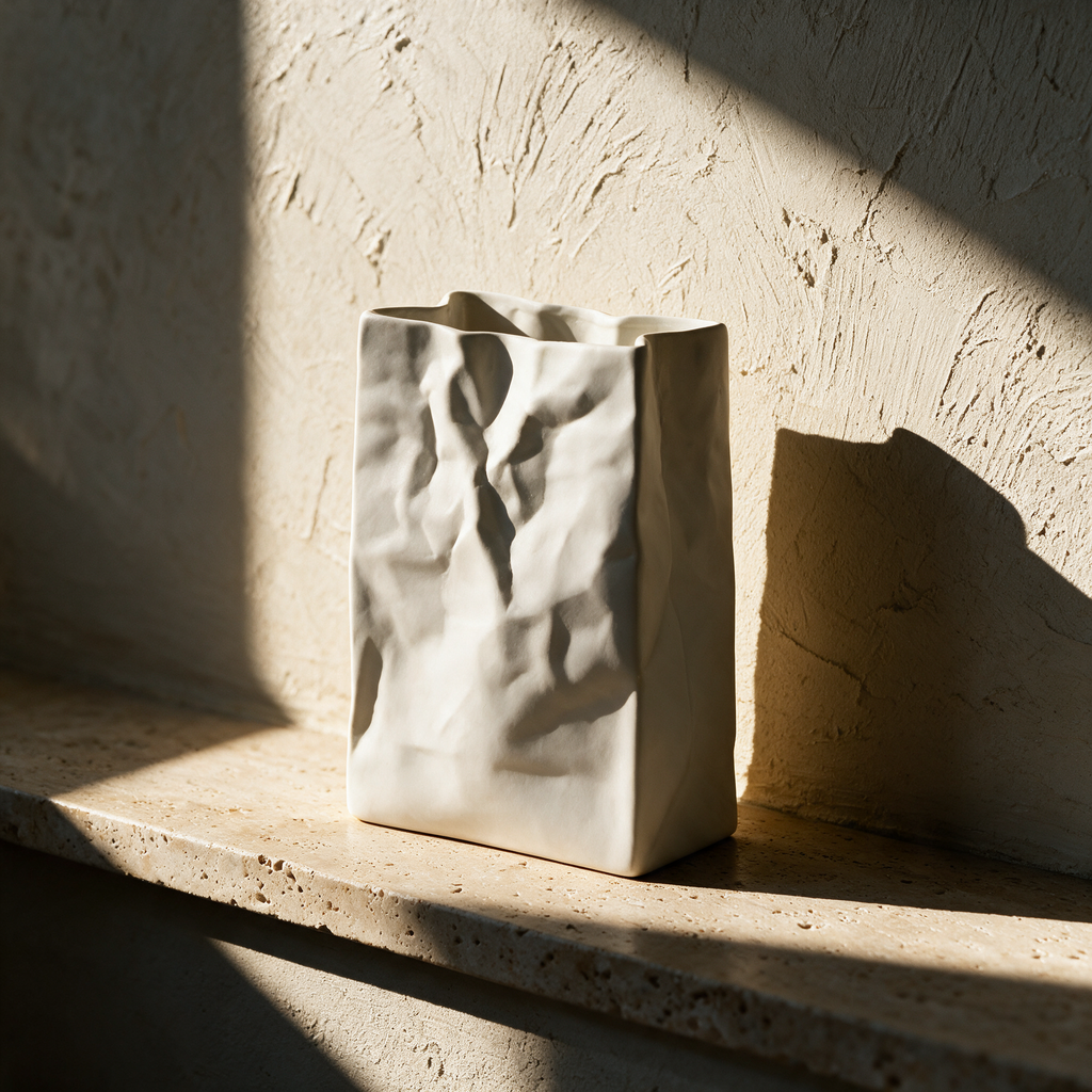 The empty crumpled ceramic vase on a stone ledge with raking light on its creases