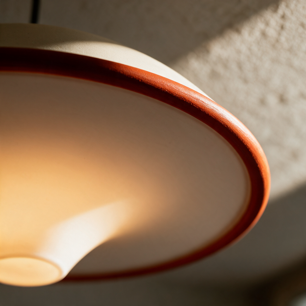 Macro close-up of the rim where the cream top turns to the orange-red underside beside the glowing diffuser.