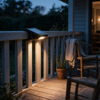 Clip-on solar light on a timber balustrade rail washing light down onto a terrace at dusk.