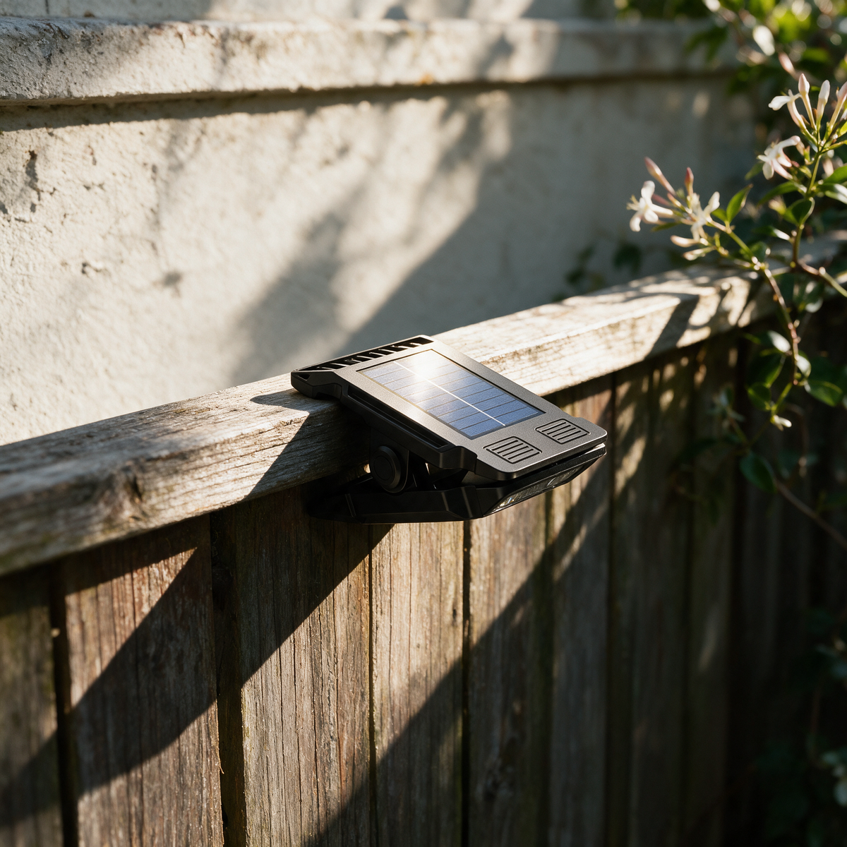 Unlit clamp light gripping a weathered fence rail in raking afternoon sun.