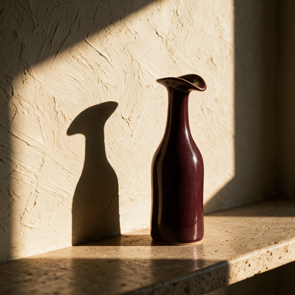 The burgundy vase on a stone ledge showing its bird-head silhouette in profile