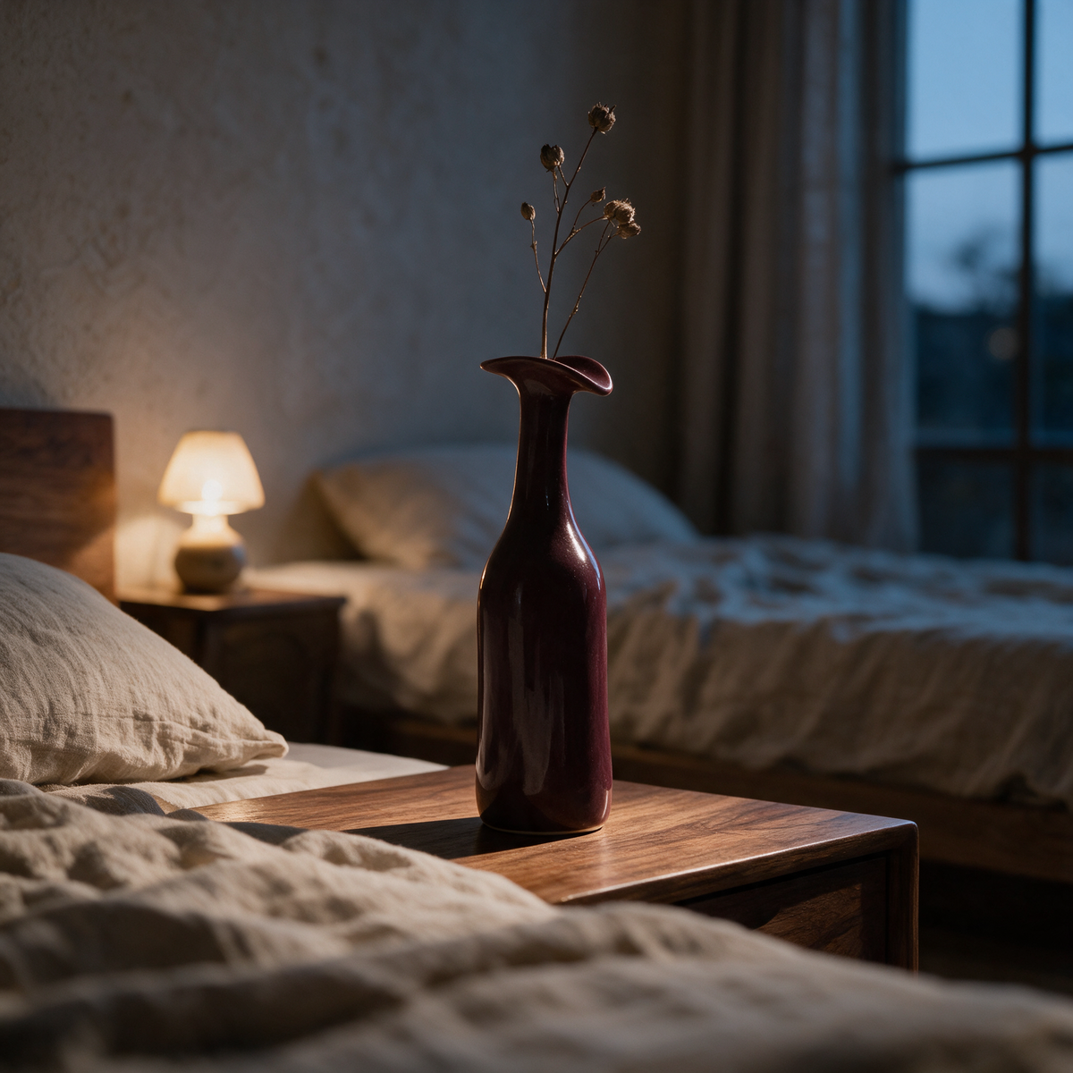 Side profile of the burgundy vase on a bedside table in lamplight at dusk