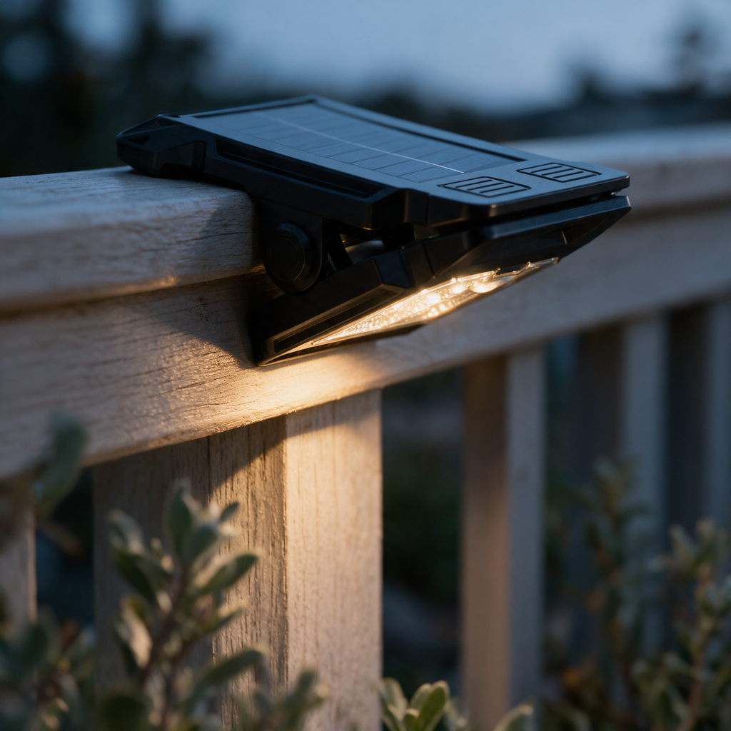 Close-up of the clamp gripping the rail with the LED lens glowing underneath.