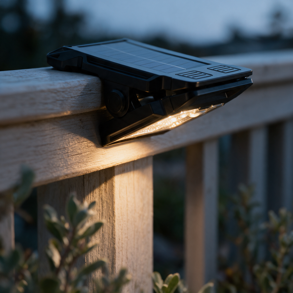 Close-up of the clamp gripping the rail with the LED lens glowing underneath.