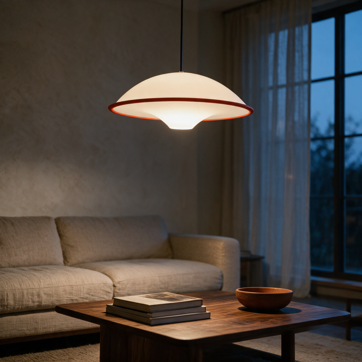 Edge-on side profile of the lit saucer pendant above a low coffee table in a living room at dusk.