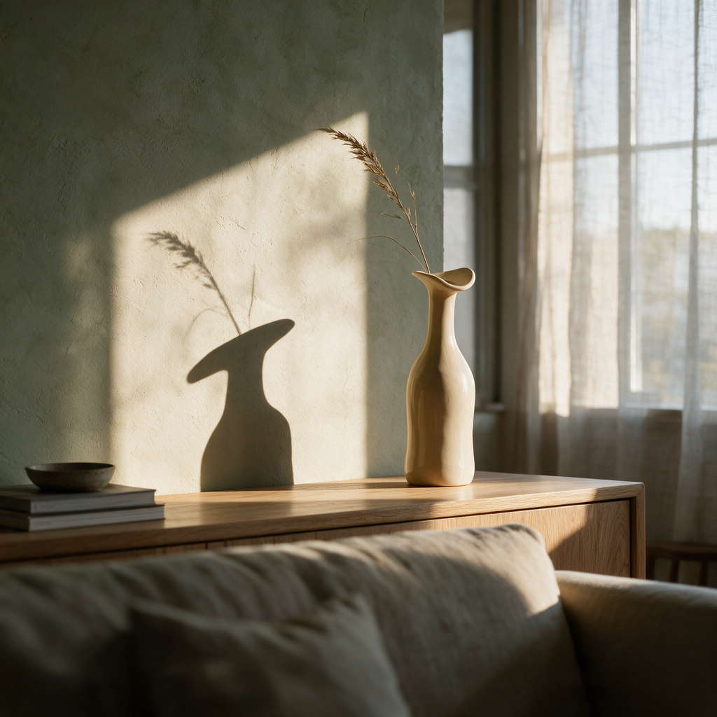 Pale porcelain vase with a flared beak-like lip on a sideboard in afternoon light