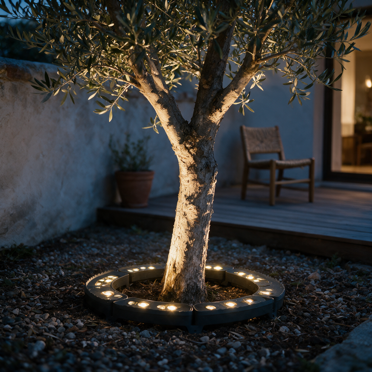 Ring of ground uplights around an olive tree trunk lighting the bark at dusk.