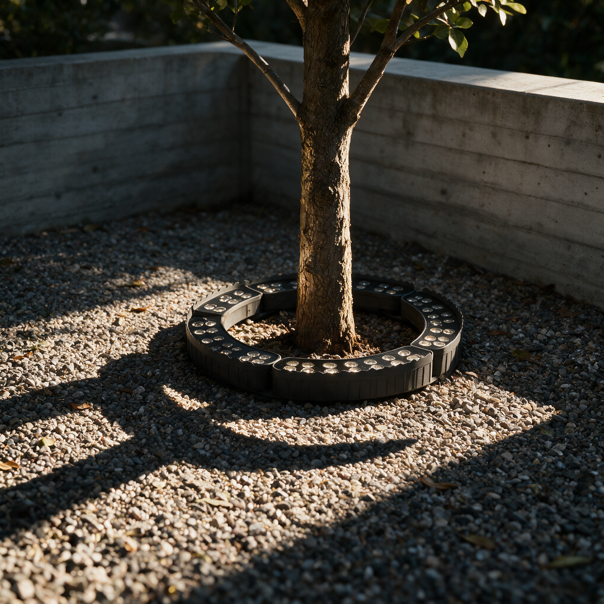 Unlit segmented ring lying on gravel around a young tree in afternoon sun.