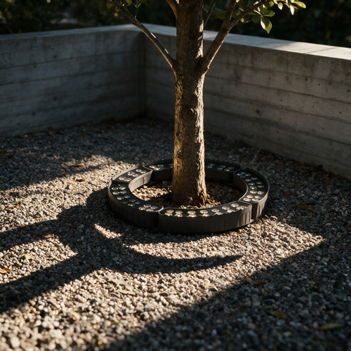 Unlit segmented ring lying on gravel around a young tree in afternoon sun.