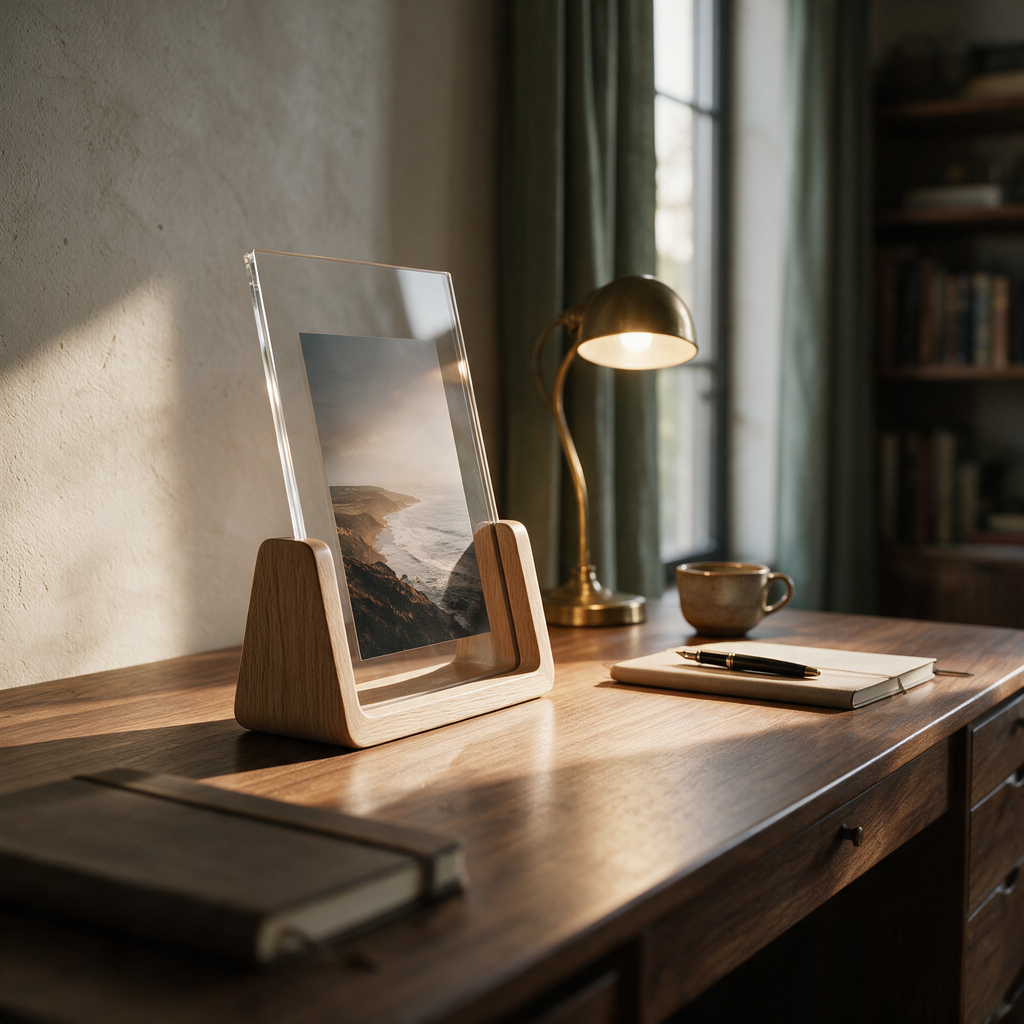 Rotating acrylic photo frame in a timber cradle on a lamplit study desk