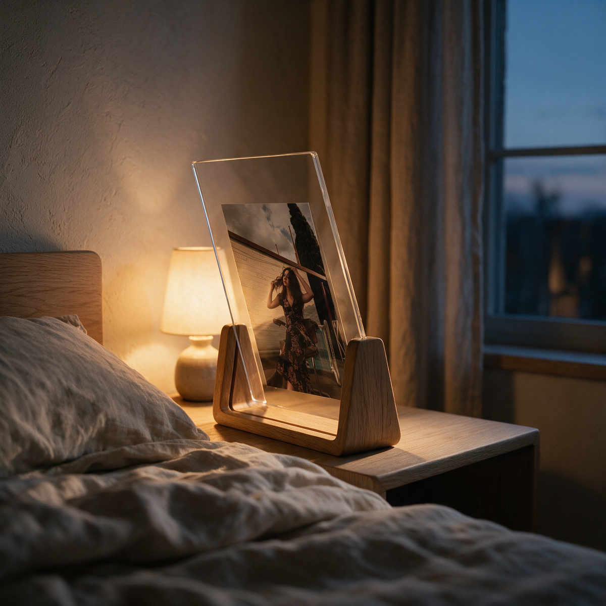 View from behind the frame mid-turn on a bedside table at dusk
