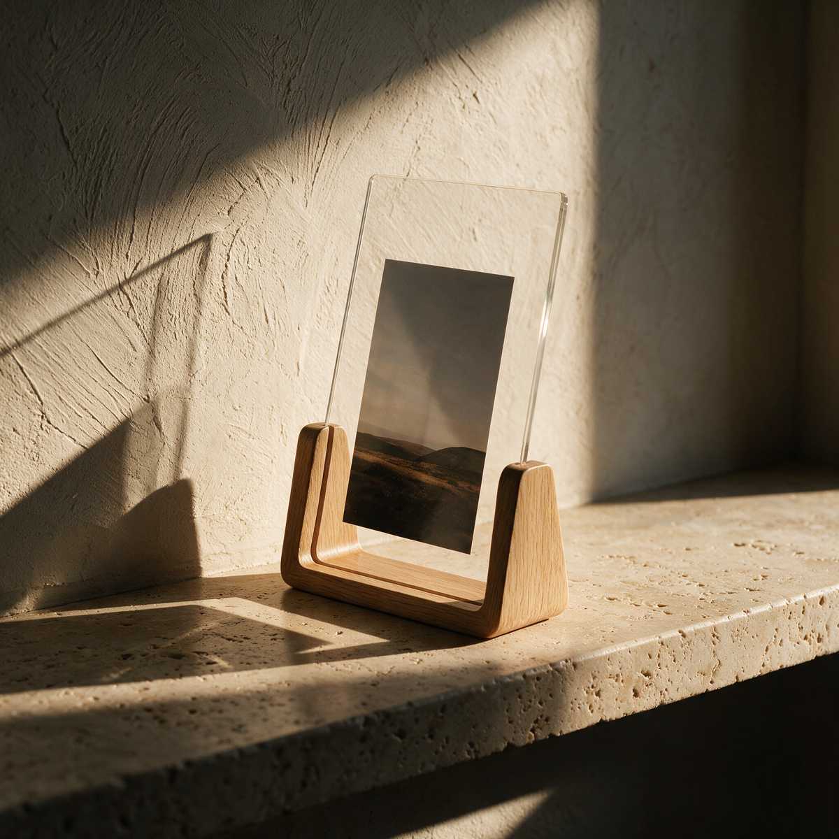 The frame on a stone ledge against a plaster wall with light catching the acrylic edge