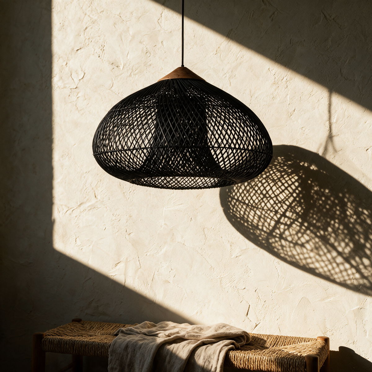 Unlit black lattice dome pendant casting a double grid shadow across a plaster wall.