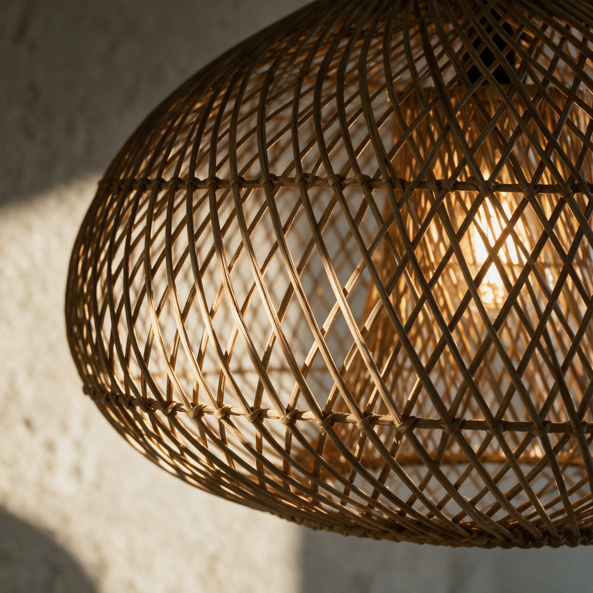 Macro close-up of the outer rattan lattice with the second layer showing through the gaps.