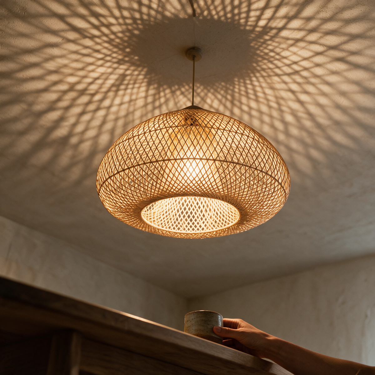 Looking up into the lit dome where both lattice layers overlap as glowing grids.