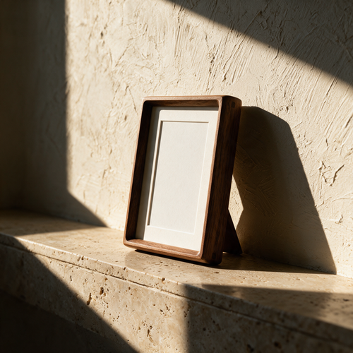 Dark walnut photo frame on a stone ledge against a sunlit plaster wall
