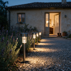 Row of stainless solar path stakes lighting a gravel path to a house at dusk.