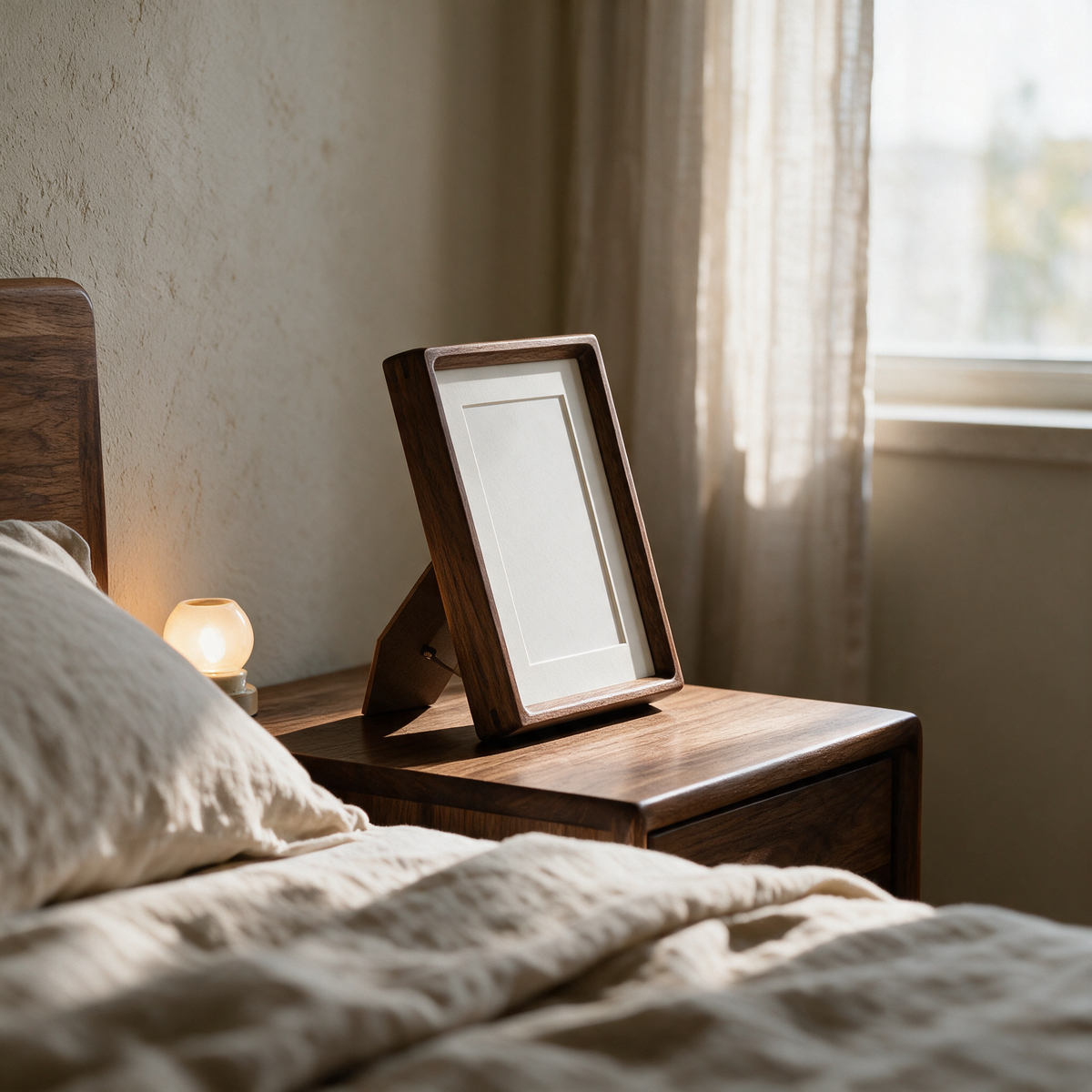 View from behind the frame showing the fold-out easel back on a bedside table