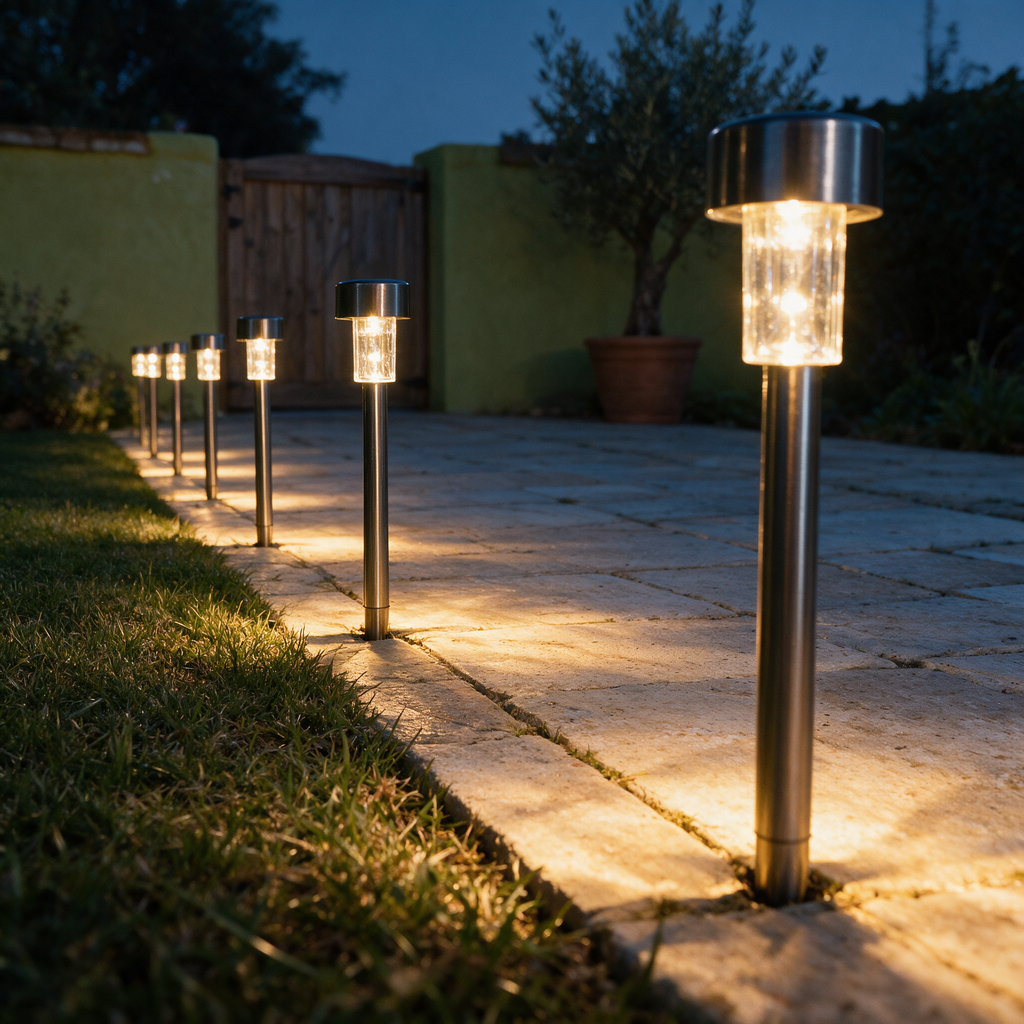 Low view along a line of lit stakes edging a pale stone path at dusk.