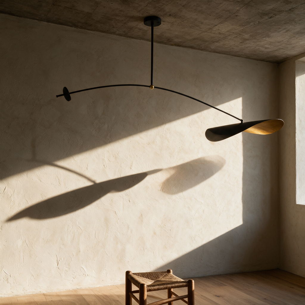 Unlit mobile light casting a long thin shadow of its arm and blades across a plaster wall.