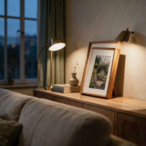 Honey timber photo frame on a sideboard beside a lit brass lamp at dusk