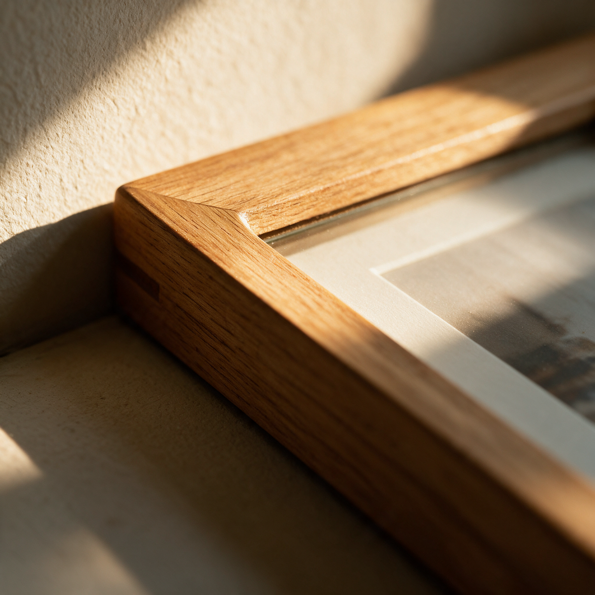Close-up of the mitred corner join of the wide timber frame border
