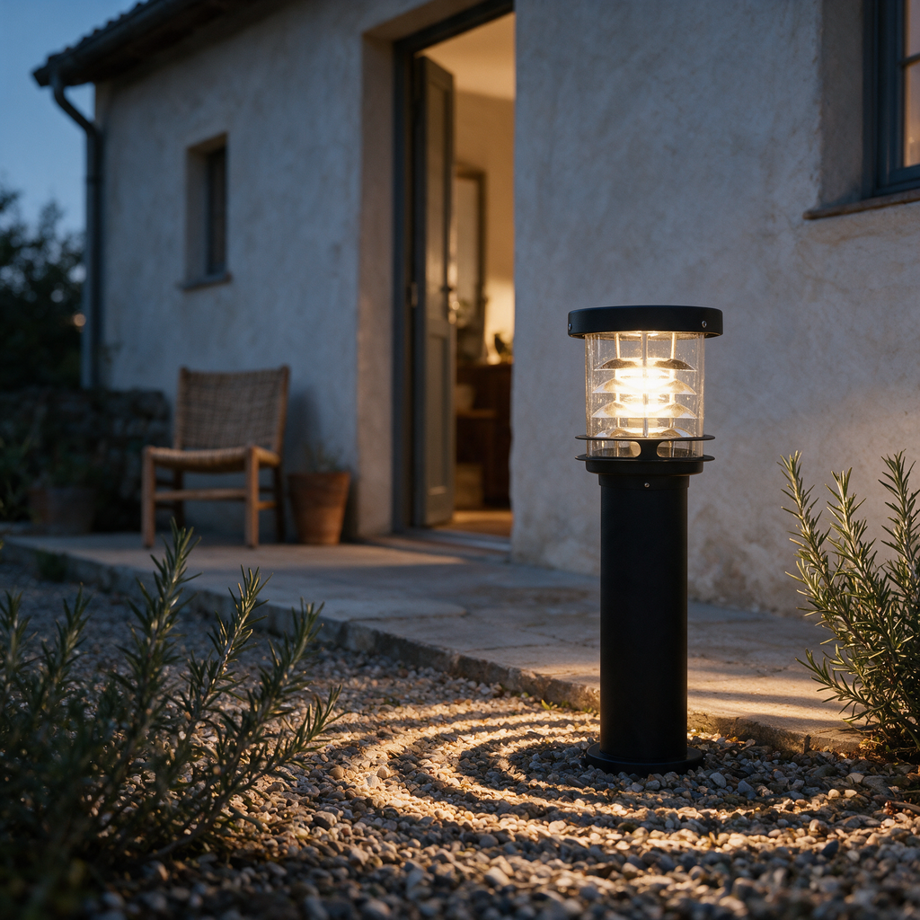 Tiered louvred bollard light casting bands of light onto a gravel path at dusk.