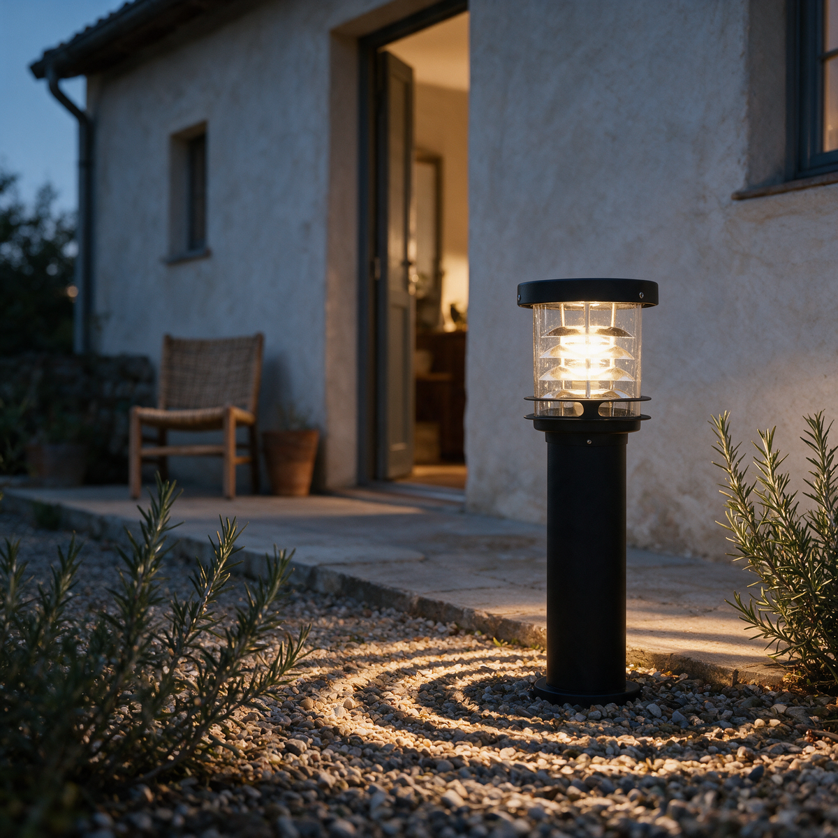 Tiered louvred bollard light casting bands of light onto a gravel path at dusk.
