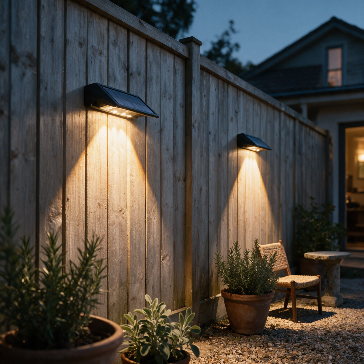 Two black wedge solar downlights on a timber garden fence washing warm triangles of light at dusk.
