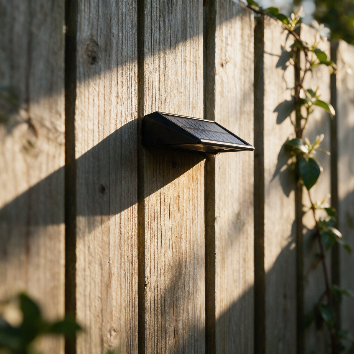 A single unlit wedge downlight on weathered fence boards casting an angular shadow in afternoon sun.