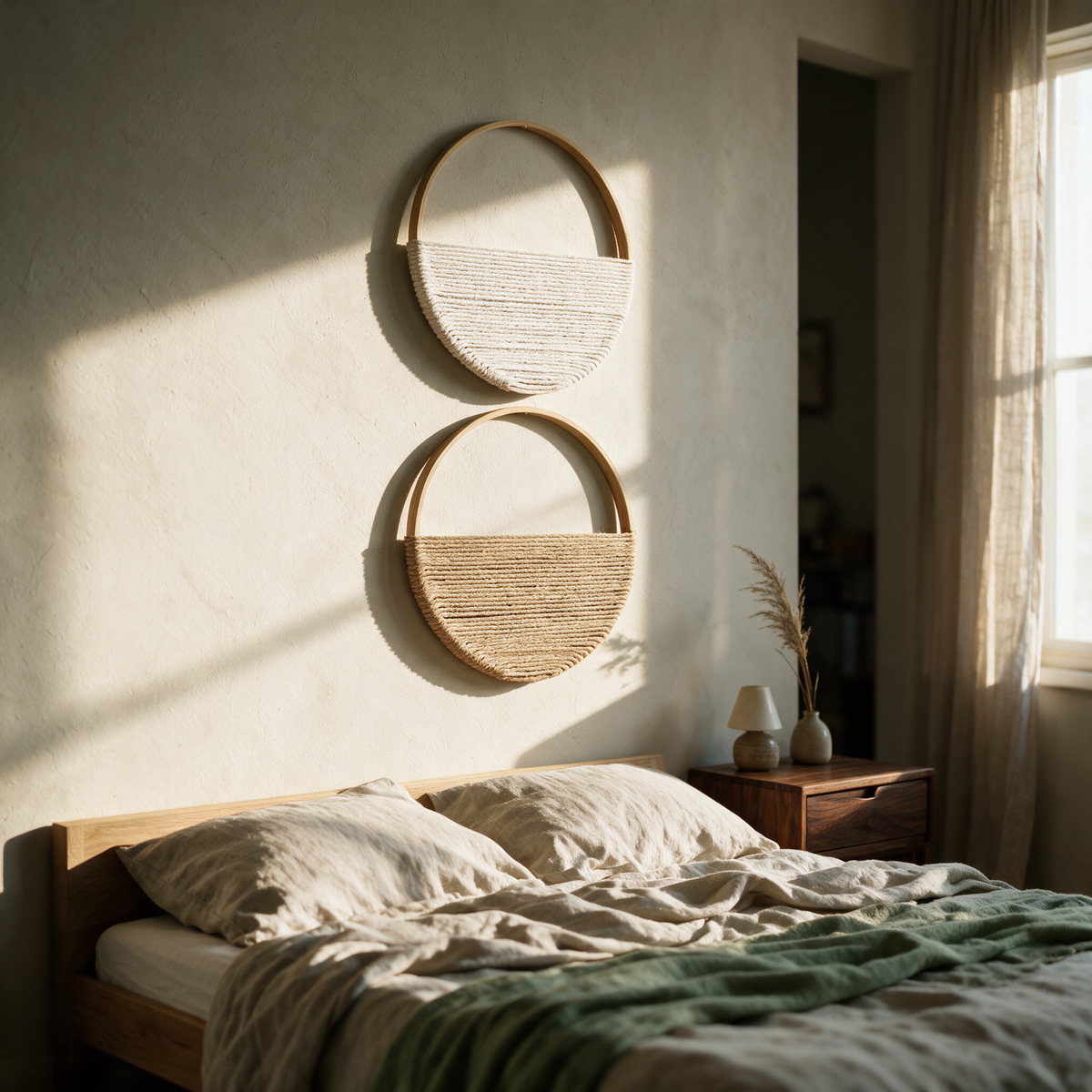 Two macrame hoop wall hangings above a bed in late afternoon light