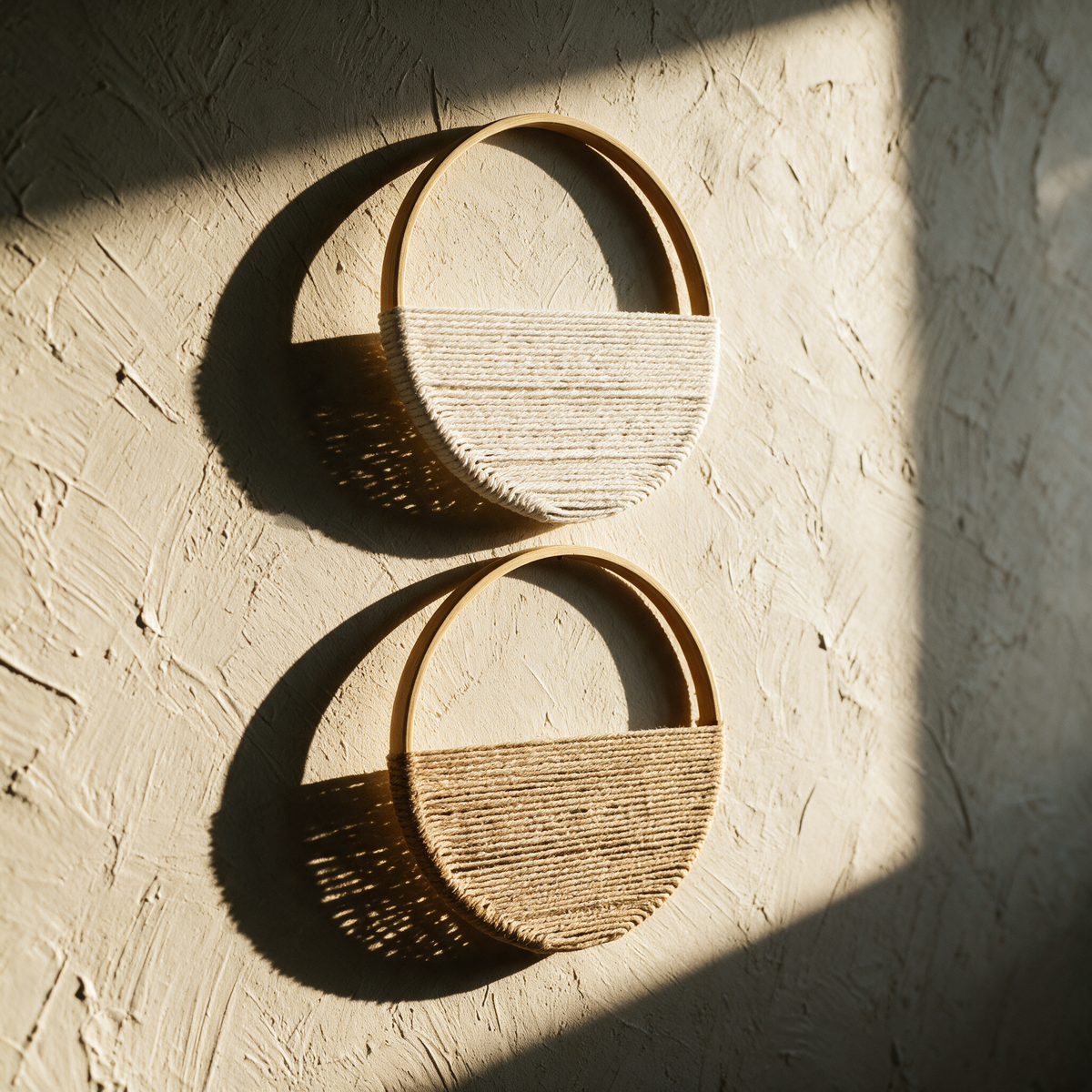 The pair of hoops alone on a textured plaster wall casting elliptical shadows