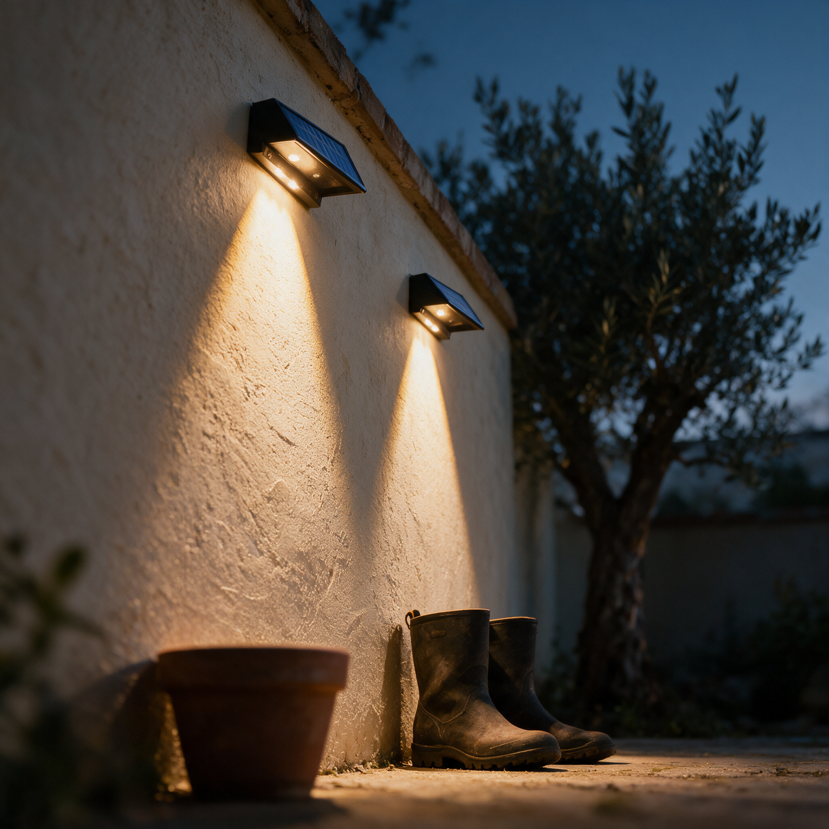 Looking up a plaster garden wall at two mounted downlights each throwing a warm triangular wash.