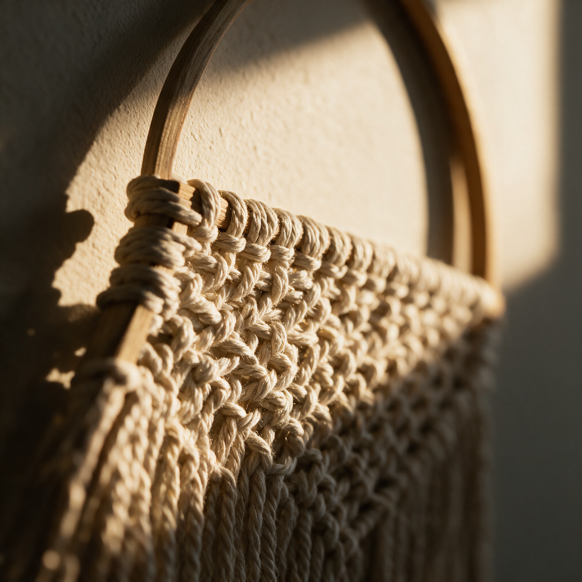 Close-up of the woven fibre knotted around the timber hoop