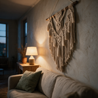 Steep side view of the hanging above a sofa in lamplight at dusk