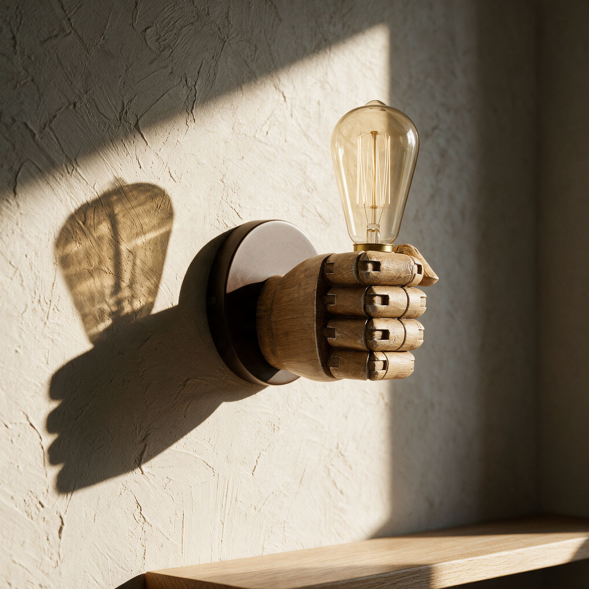Unlit fist sconce casting a sharp shadow of its fingers and bulb across a textured plaster wall.