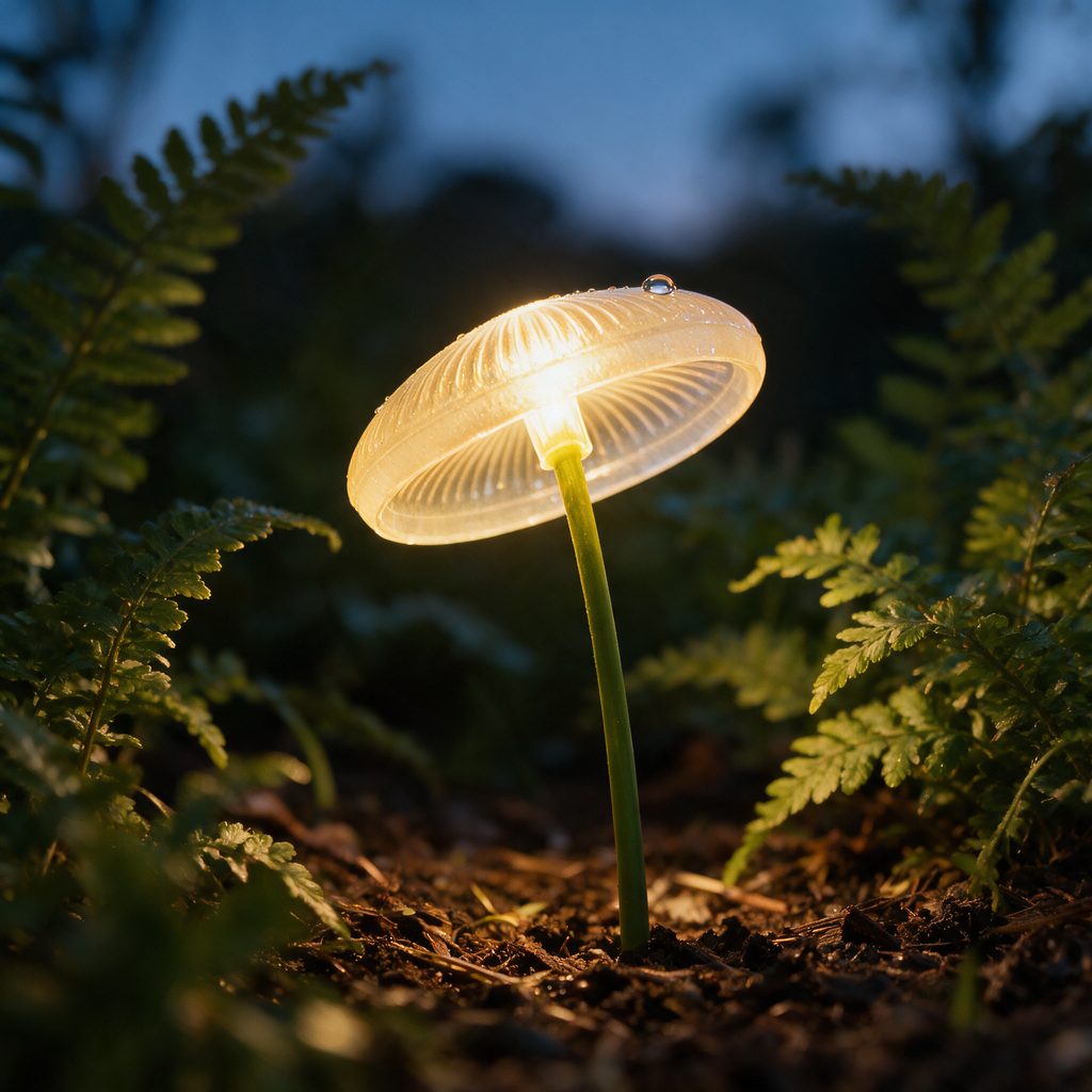 Macro view of one glowing mushroom cap with dew on its rim.