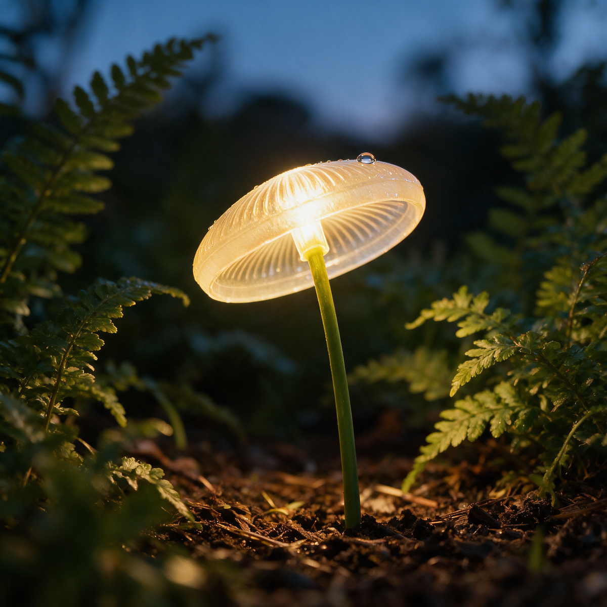 Macro view of one glowing mushroom cap with dew on its rim.