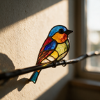 Close-up of one coloured glass bird perched on the dark metal branch