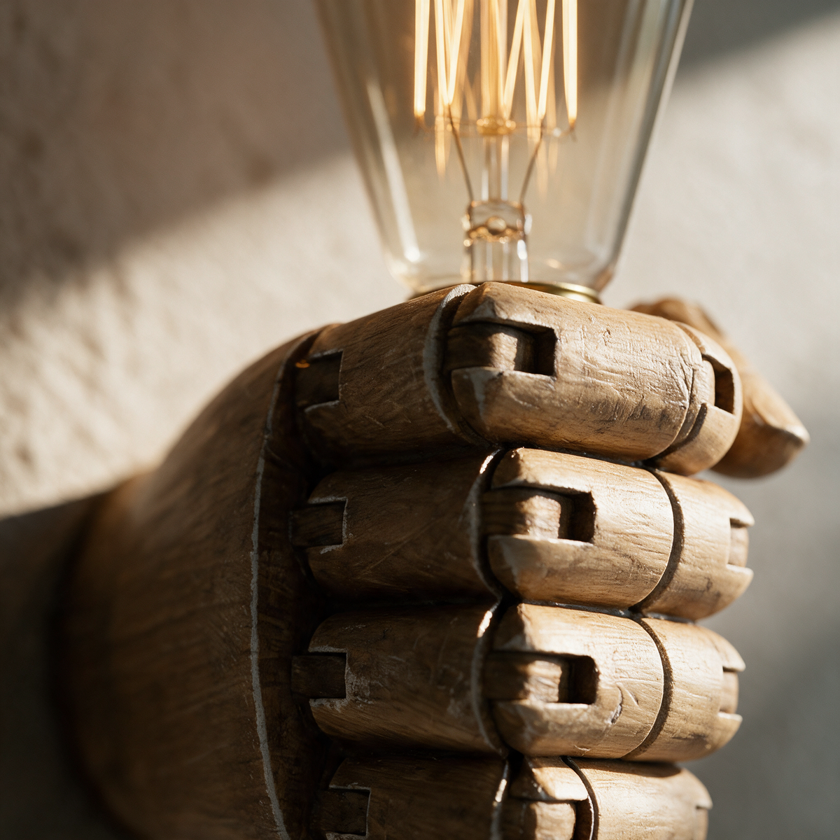 Macro close-up of the jointed knuckles closing around the base of the glowing filament bulb.