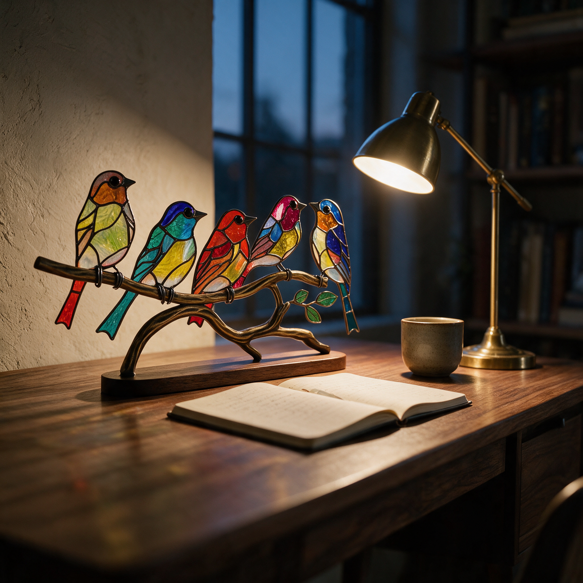 Low view of the birds in profile along the branch on a lamplit study desk