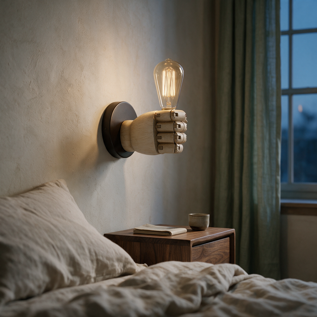 Side profile of the lit fist sconce projecting from a bedroom wall above a bedside table.