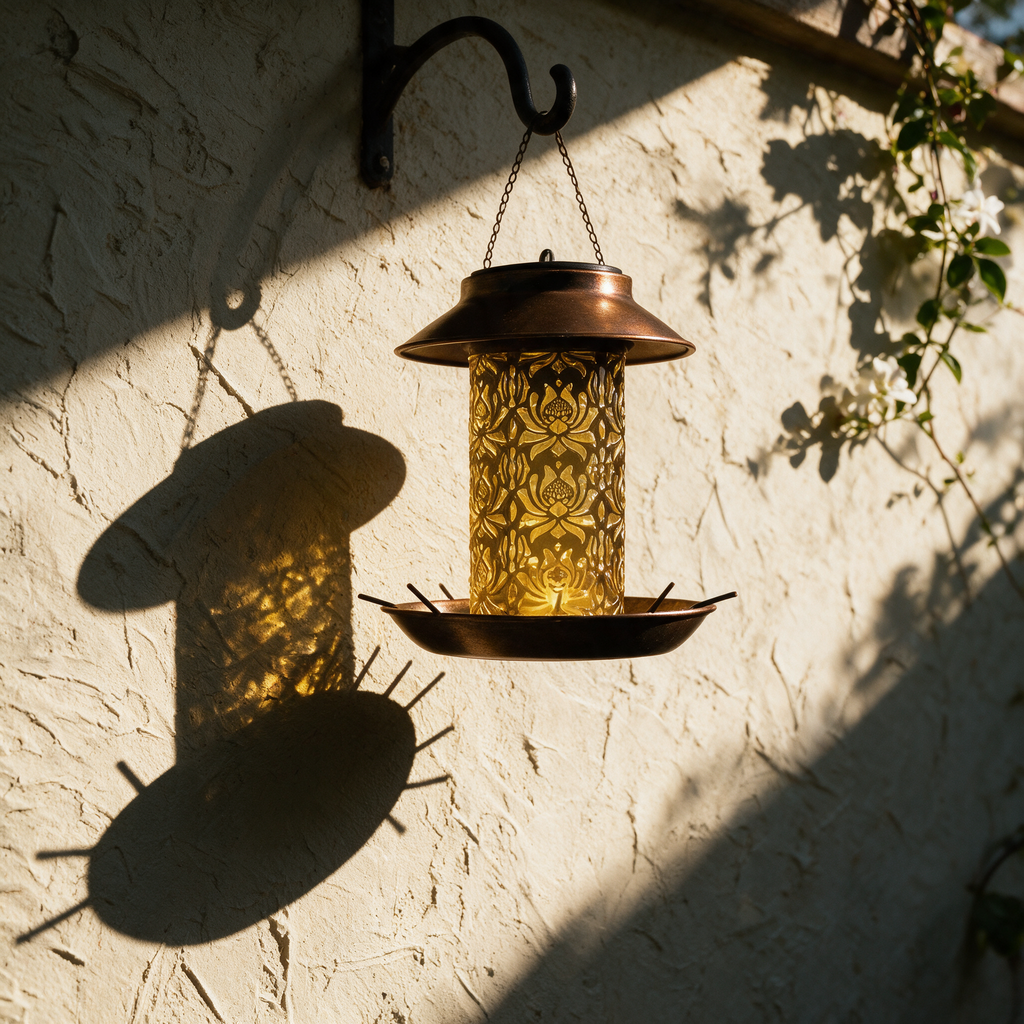 Unlit hanging lantern on an iron hook casting a long shadow on a plaster wall.