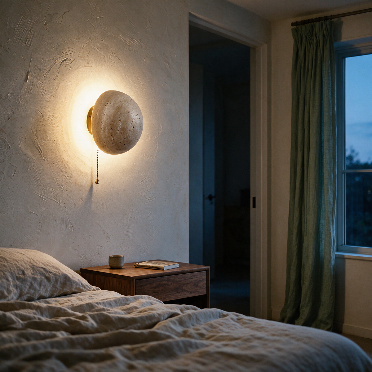 Backlit travertine disc sconce throwing a warm halo on a plaster bedroom wall at dusk.
